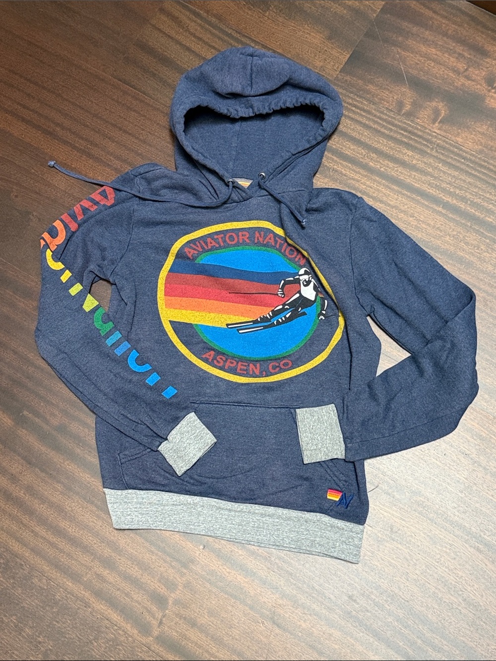 Aviator Nation Navy Crewneck Hoodie with Multicolor Retro Ski Logo